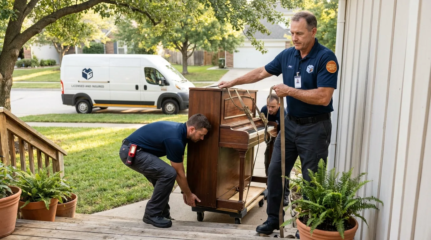Licensed piano movers securing grand piano in Angier, NC