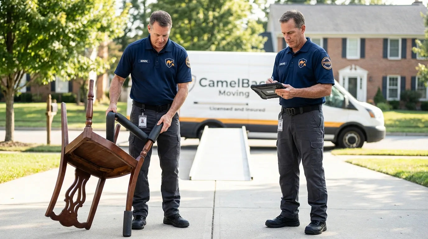 Movers inspecting furniture for damage prevention before loading in Angier, NC